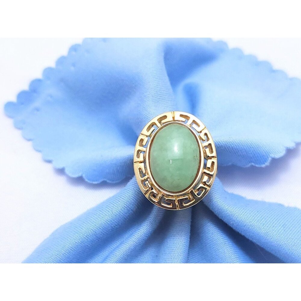 Exquisite 14K Karat Solid Yellow Gold Designer Oval Jadeite Jade Ring - Size 6